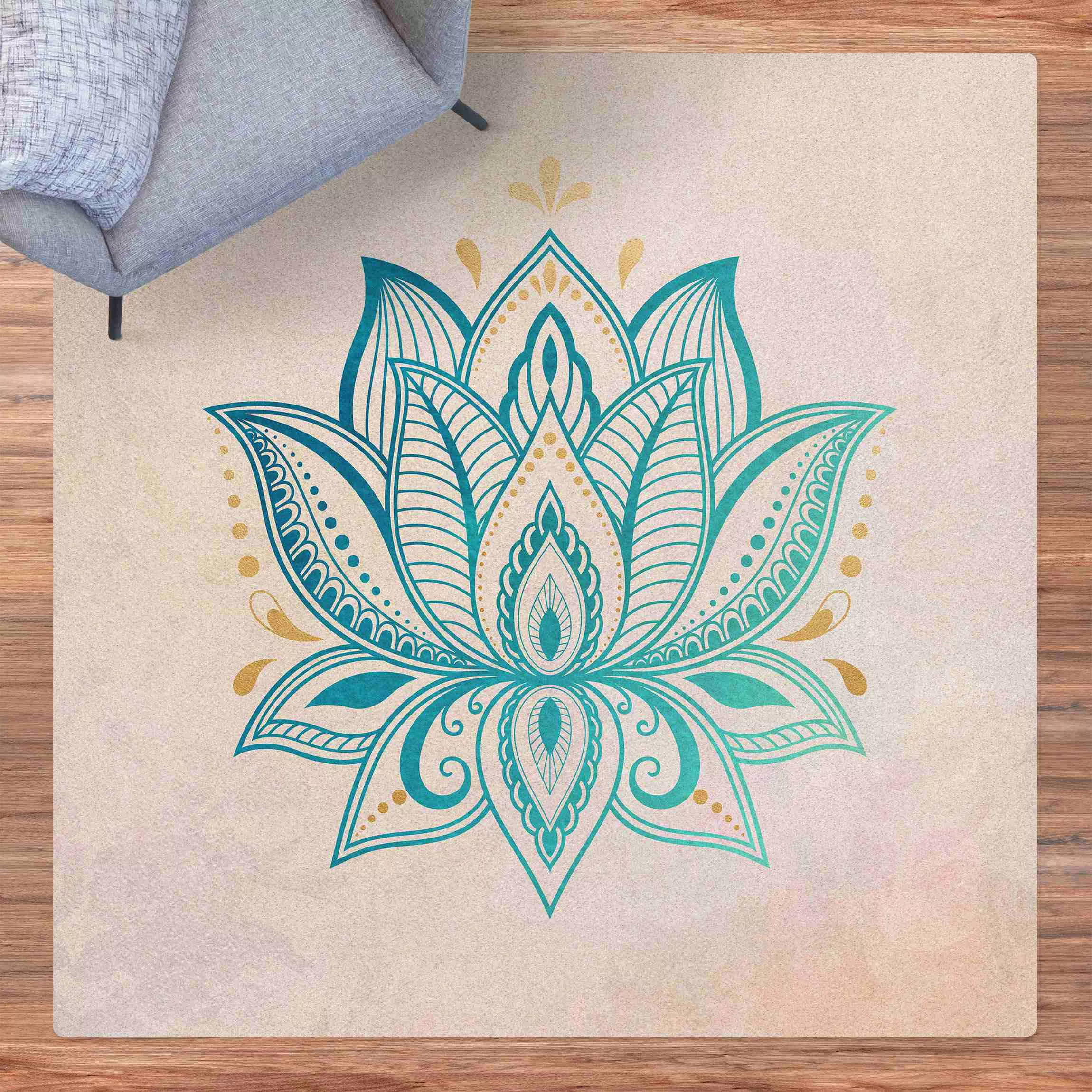 Kork-Teppich Lotus Illustration Mandala gold blau günstig online kaufen