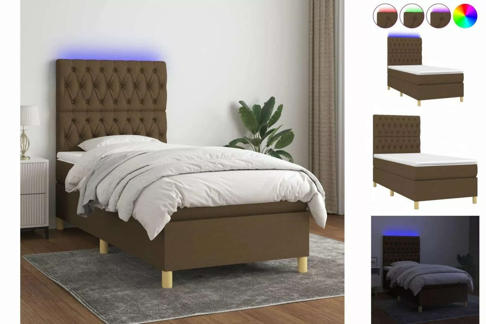 vidaXL Boxspringbett (90 x 200 cm, Knopfheftung Schräg, Braun), mit LED günstig online kaufen