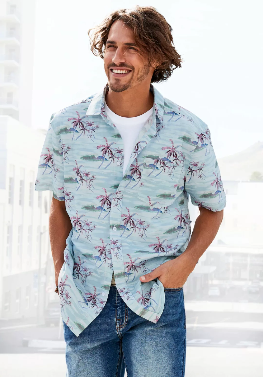 Beachtime Hawaiihemd "Regular fit", Kurzarm, Freizeithemd mit Palmenprint, günstig online kaufen