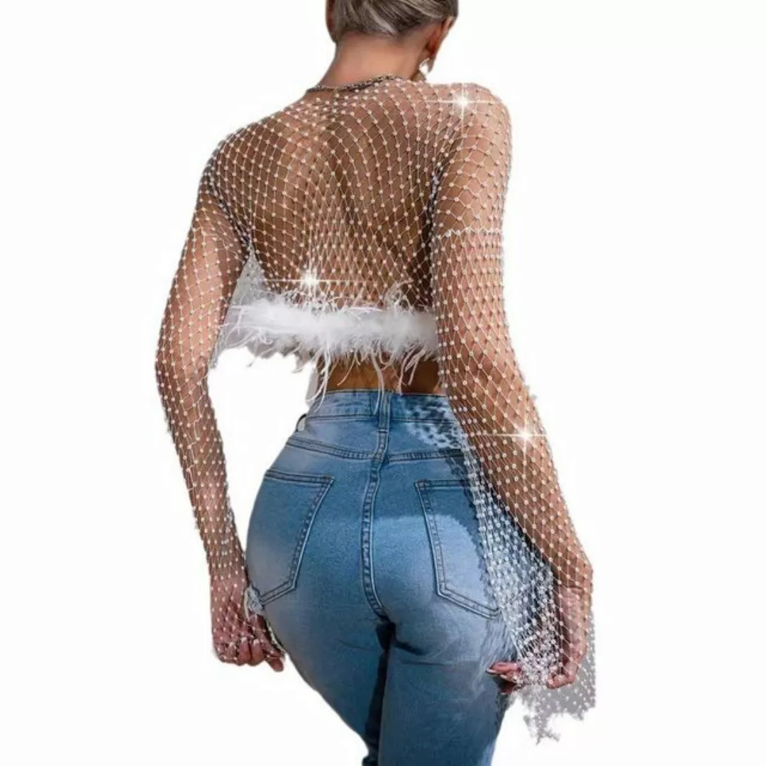 RUZU UG Blusentop Shirtbluse Schmal Geschnittenes,Sexy Netzoberteil Strasss günstig online kaufen