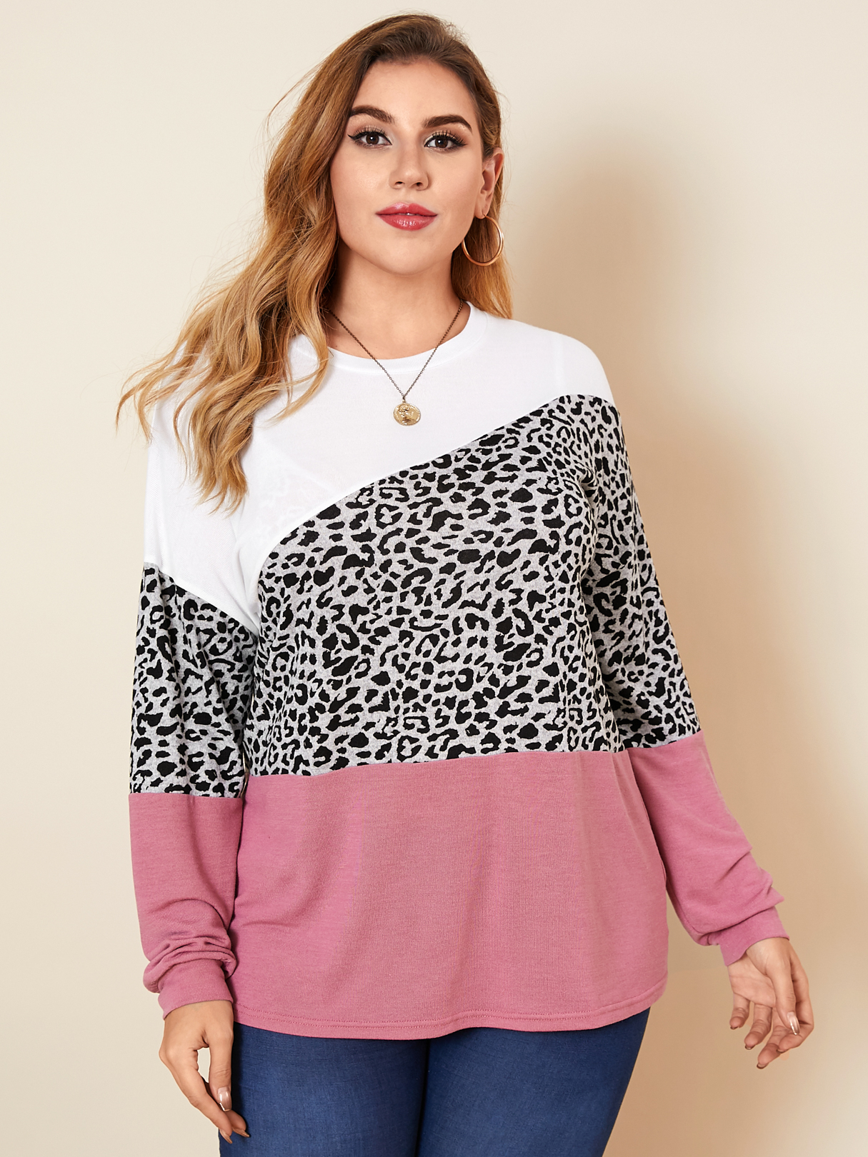 YOINS Plus Größe Rundhalsausschnitt Leopard Langarm Pullover günstig online kaufen