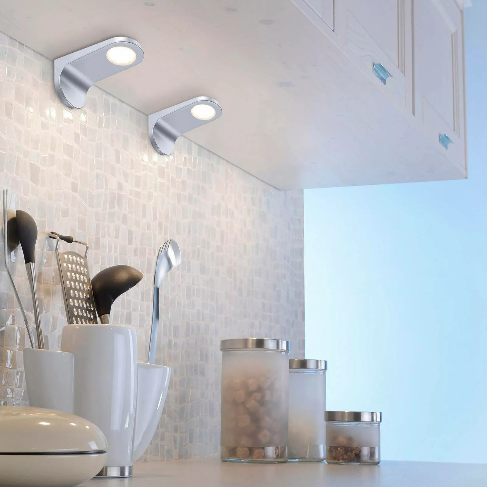 LED-Unterbaulampe Amon, silber, 15 cm lang, 2er-Set, dimmbar günstig online kaufen