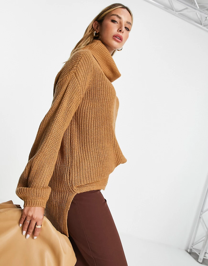Vero Moda – Longline-Pullover aus Wollmischung mit Rollkragen in Camel-Neut günstig online kaufen