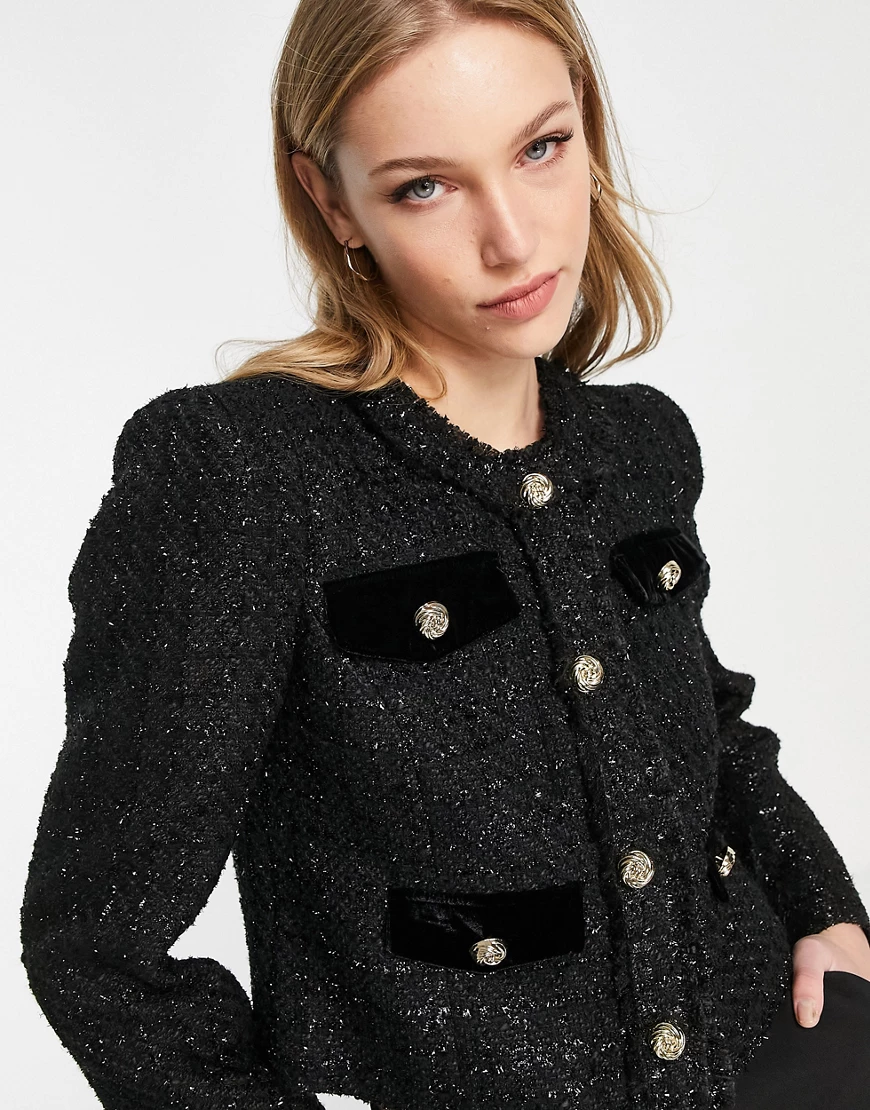 River Island – Trophy – Bouclé-Blazer in Schwarz, Kombiteil günstig online kaufen