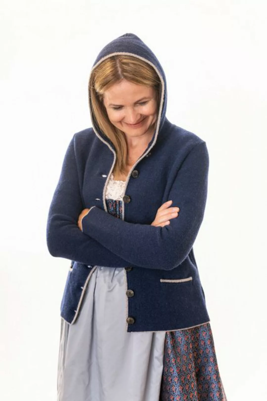 Pezzo D'oro Trachtenstrickjacke Kapuzenstrickjacke, Merinowolle, indigoblau günstig online kaufen