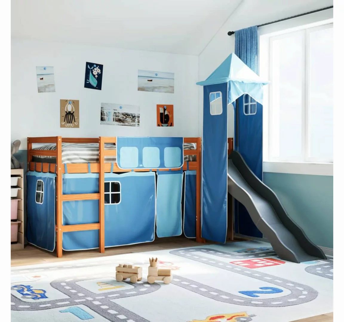 vidaXL Bett, Kinderhochbett mit Turm Blau 90x200 cm Massivholz Kiefer günstig online kaufen