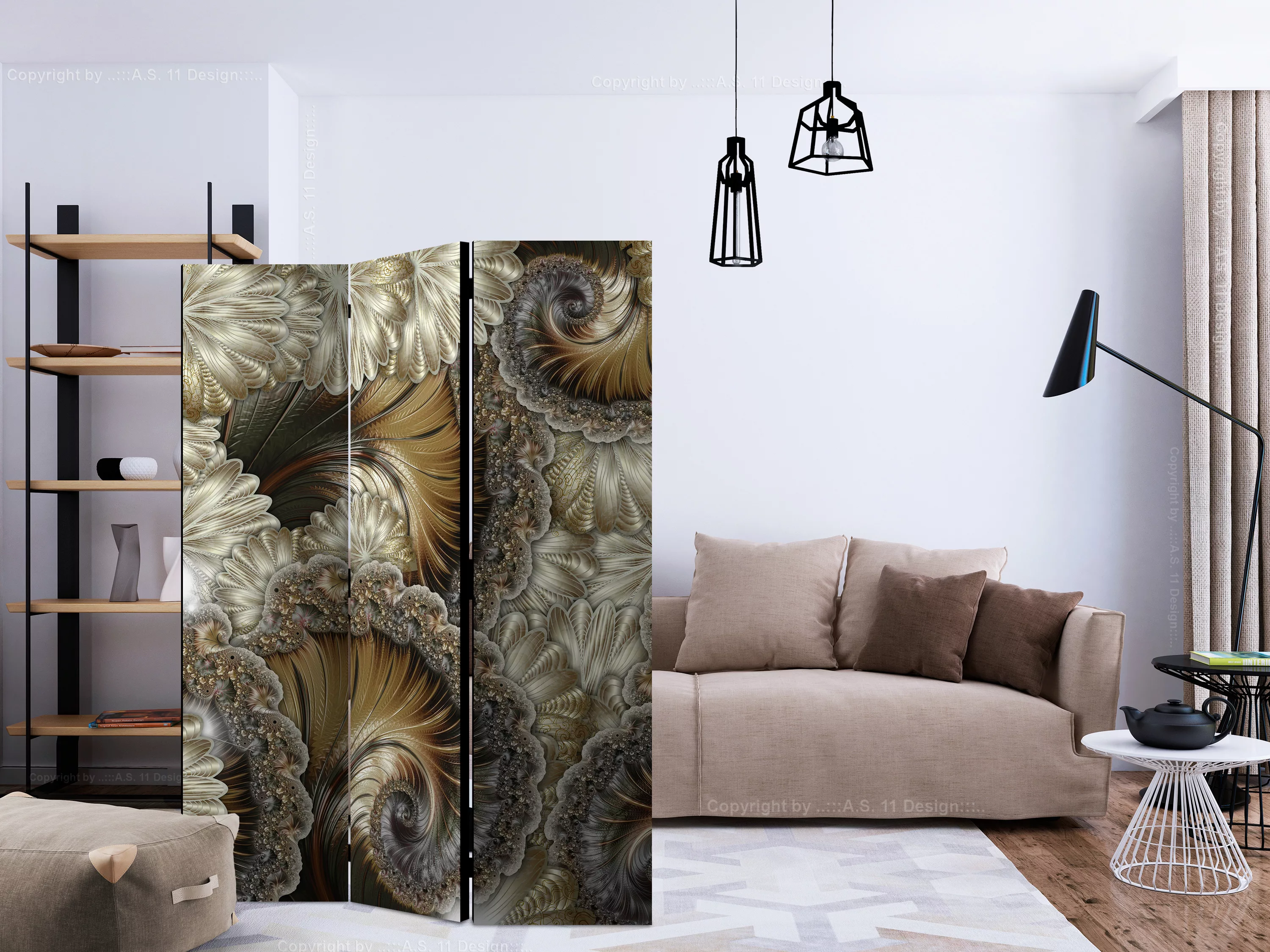 3-teiliges Paravent - Golden Hand-held Fans [room Dividers] günstig online kaufen