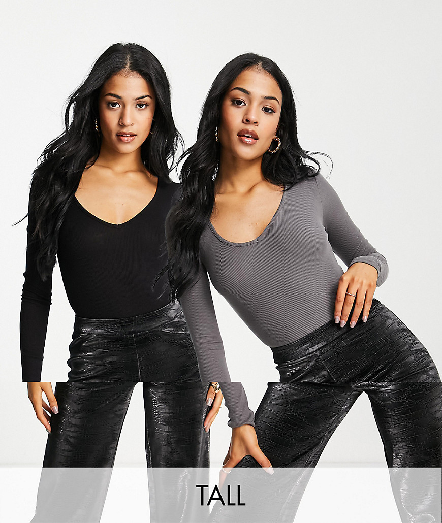 Missguided Tall – Gerippter Body im 2er Pack in Schwarz und Grau mit V-Auss günstig online kaufen