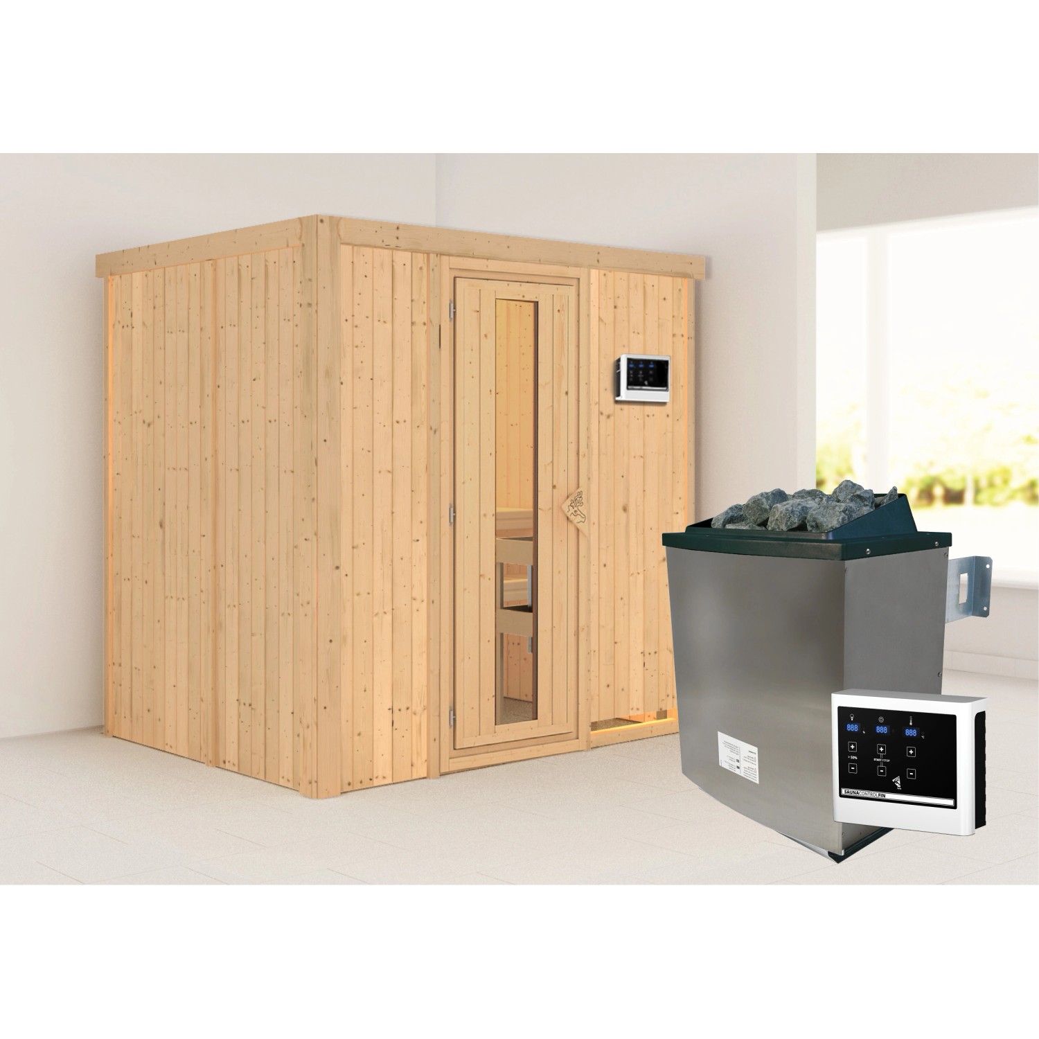 Karibu Sauna Bjar mit Tür u. Ofen mit Ext. Steuerung 196 x 151 x 198 cm günstig online kaufen