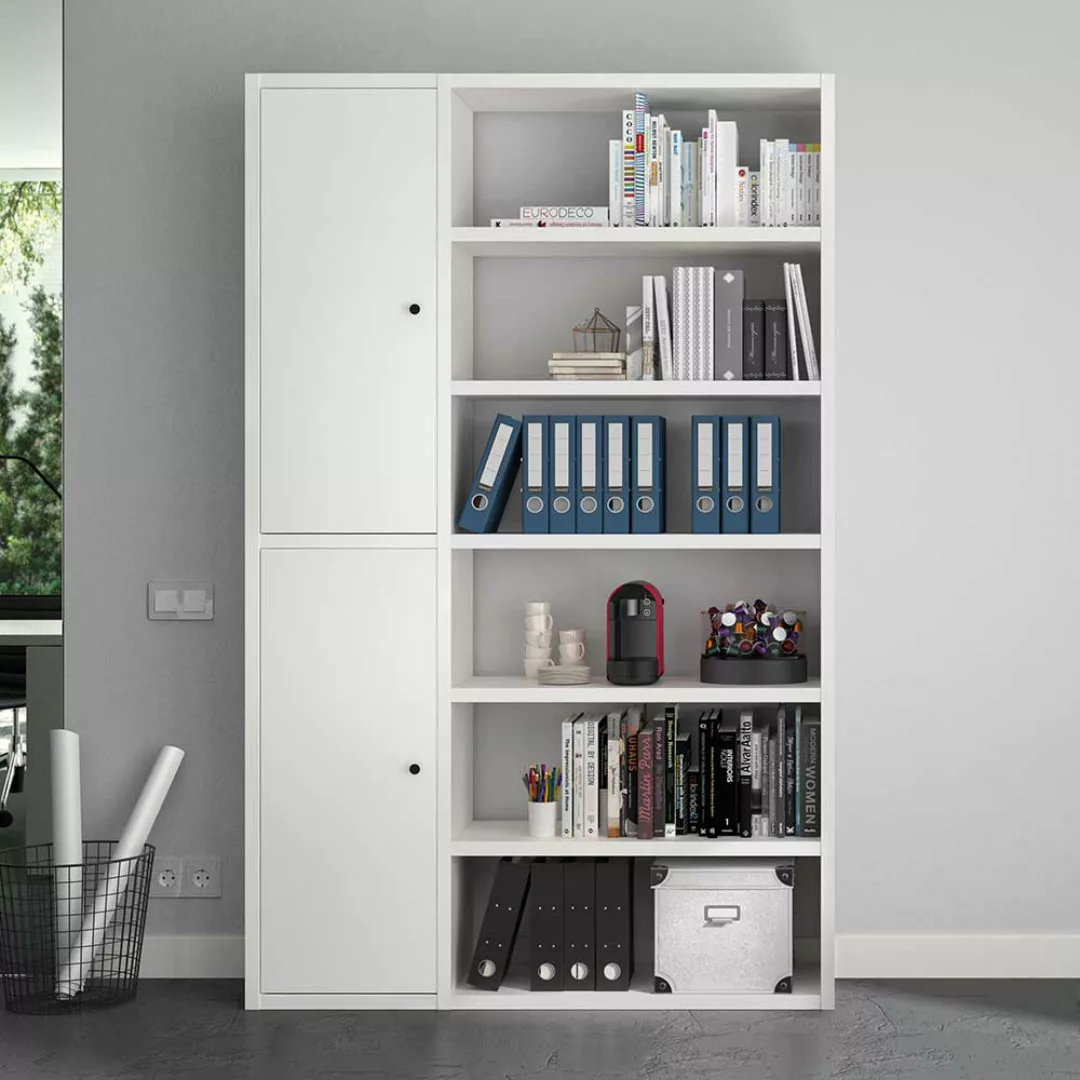 Weißes Home Office Regal mit zwei Türen 140 cm breit 222 cm hoch günstig online kaufen