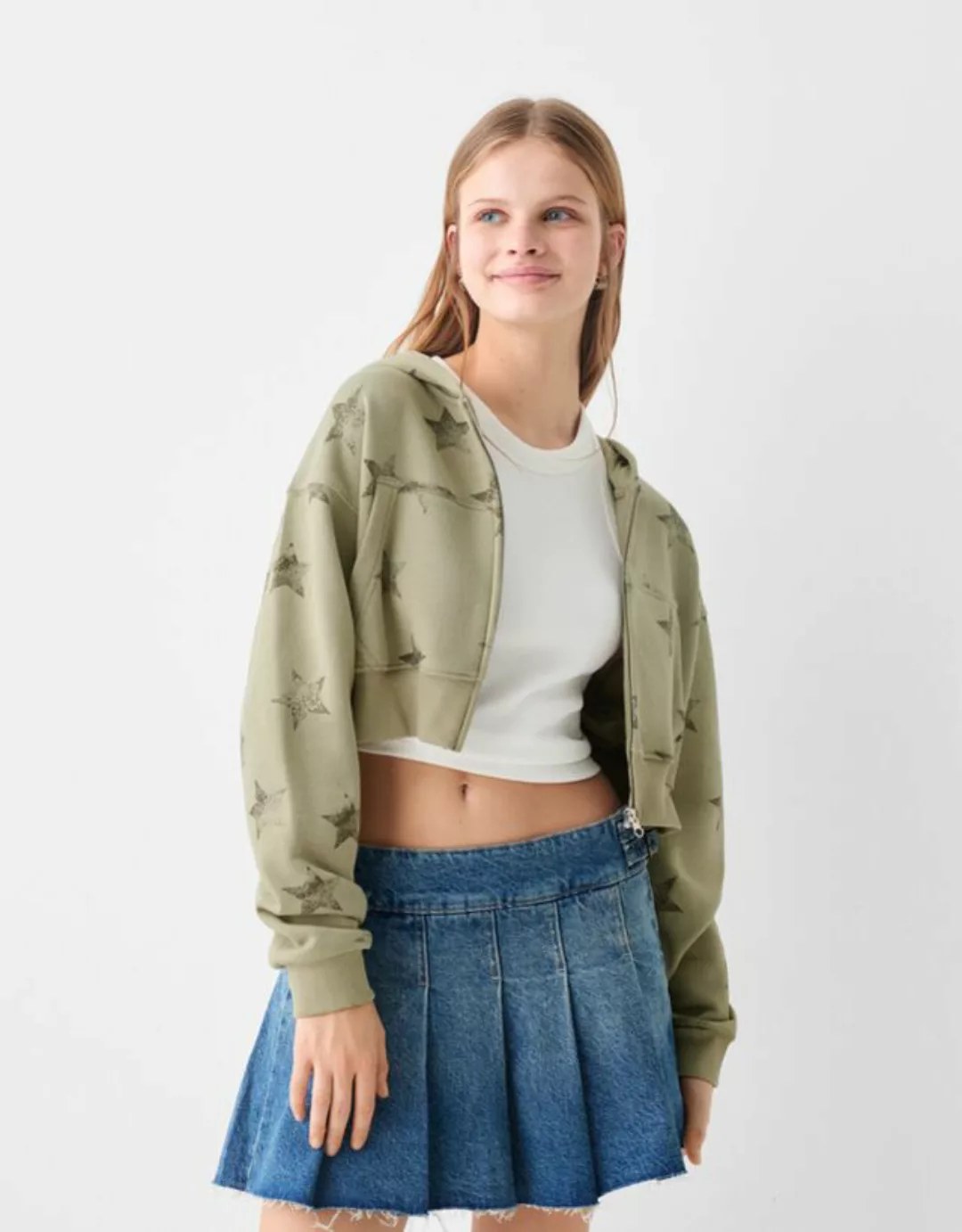 Bershka Hoodie Mit Kapuze, Reißverschluss Und Print Damen L Khaki günstig online kaufen