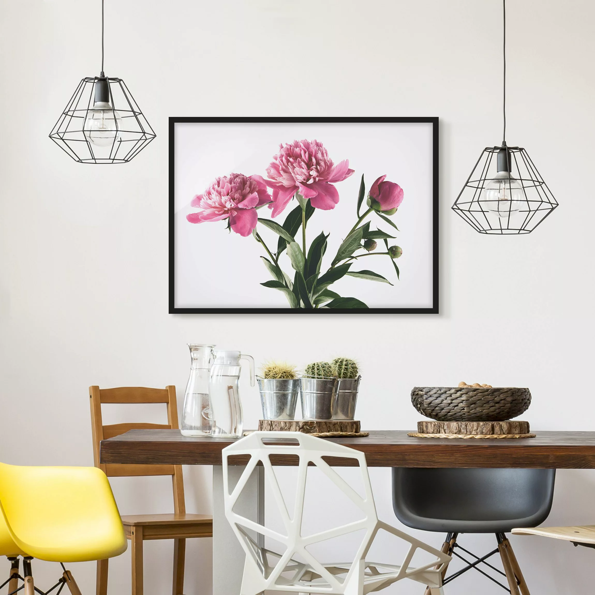 Bild mit Rahmen Blumen - Querformat Blüten und Knospen Pink auf Weiß günstig online kaufen