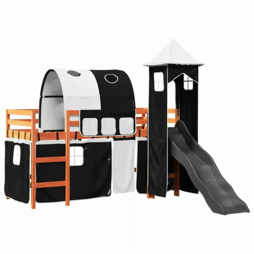 vidaXL Bett Kinderhochbett mit Turm Weiß & Schwarz 90x190 cm Kiefernholz günstig online kaufen