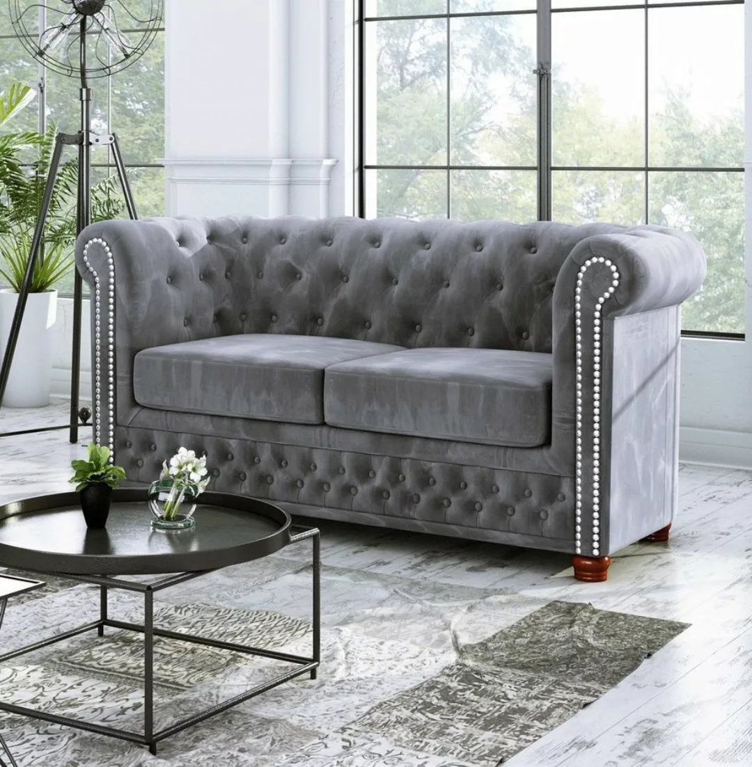 S-Style Möbel Chesterfield-Sofa Leeds 2-Sitzer aus Samt-Stoff mit Holzfüßen günstig online kaufen