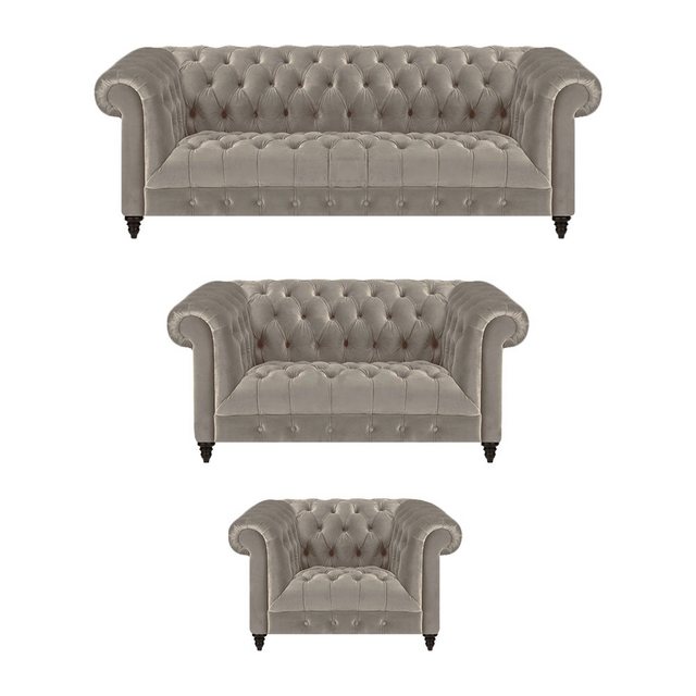 JVmoebel Chesterfield-Sofa Wohnzimmer Komplett 3tlg Sofas Couch Grau Sessel günstig online kaufen