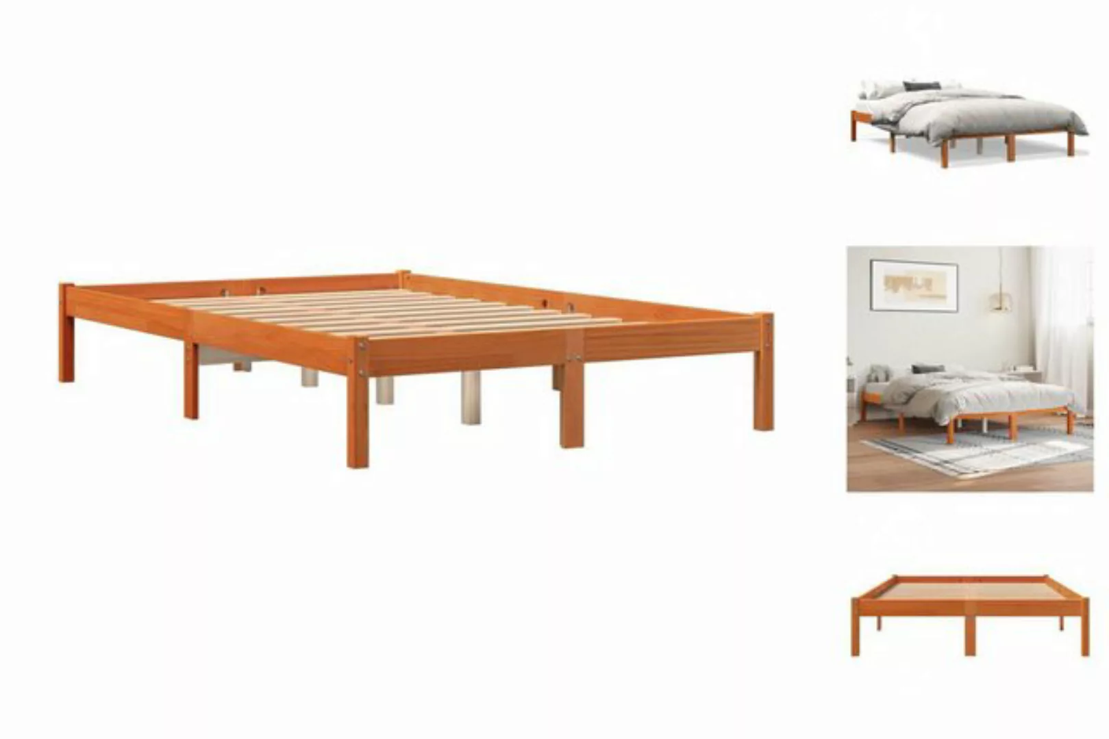 vidaXL Bettgestell Massivholzbett Wachsbraun 135x190 cm Kiefer Bett Bettges günstig online kaufen