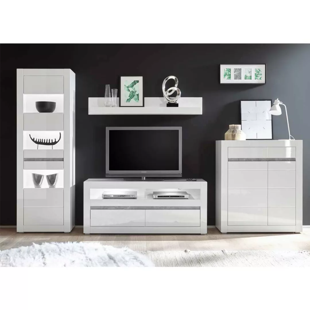 Hochglanz Wohnwand in Weiß und Beton Grau modern (vierteilig) günstig online kaufen