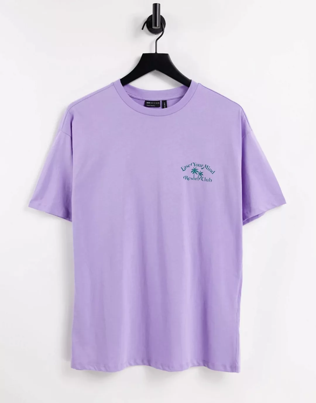 ASOS DESIGN – Oversize-T-Shirt in Flieder mit Palmenmotiv-Lila günstig online kaufen