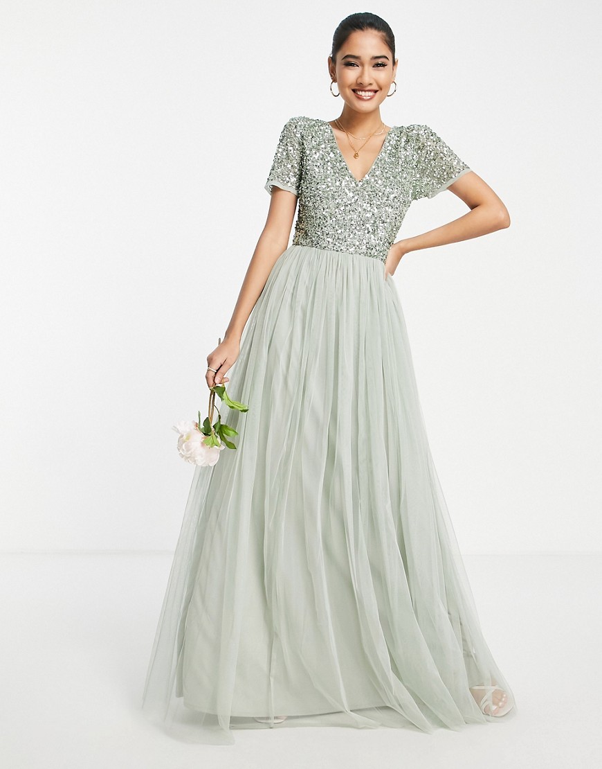 Maya – Bridesmaid – Kurzärmliges Maxi-Tüllkleid mit filigranen, farblich pa günstig online kaufen