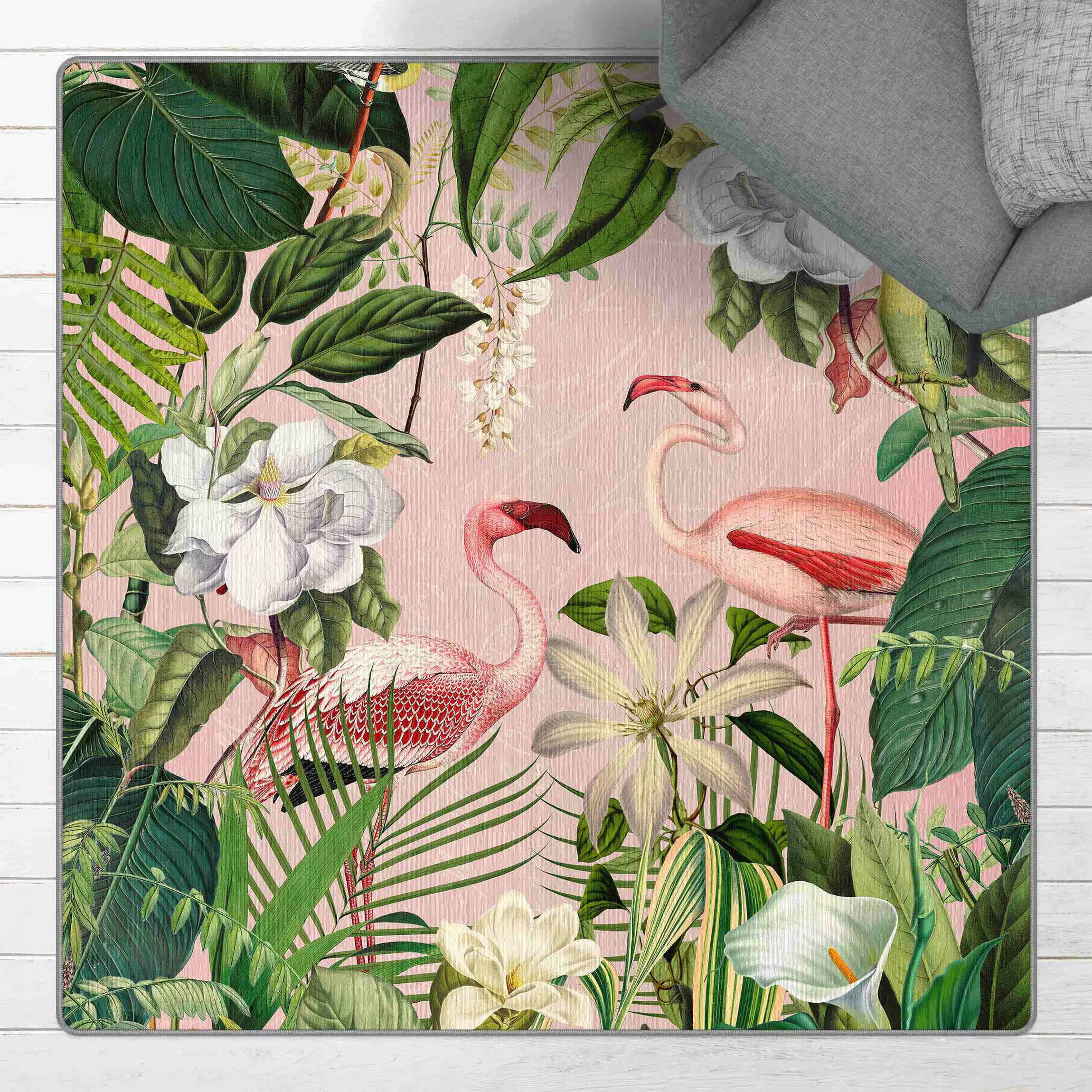 Teppich Tropische Flamingos mit Pflanzen in Rosa günstig online kaufen