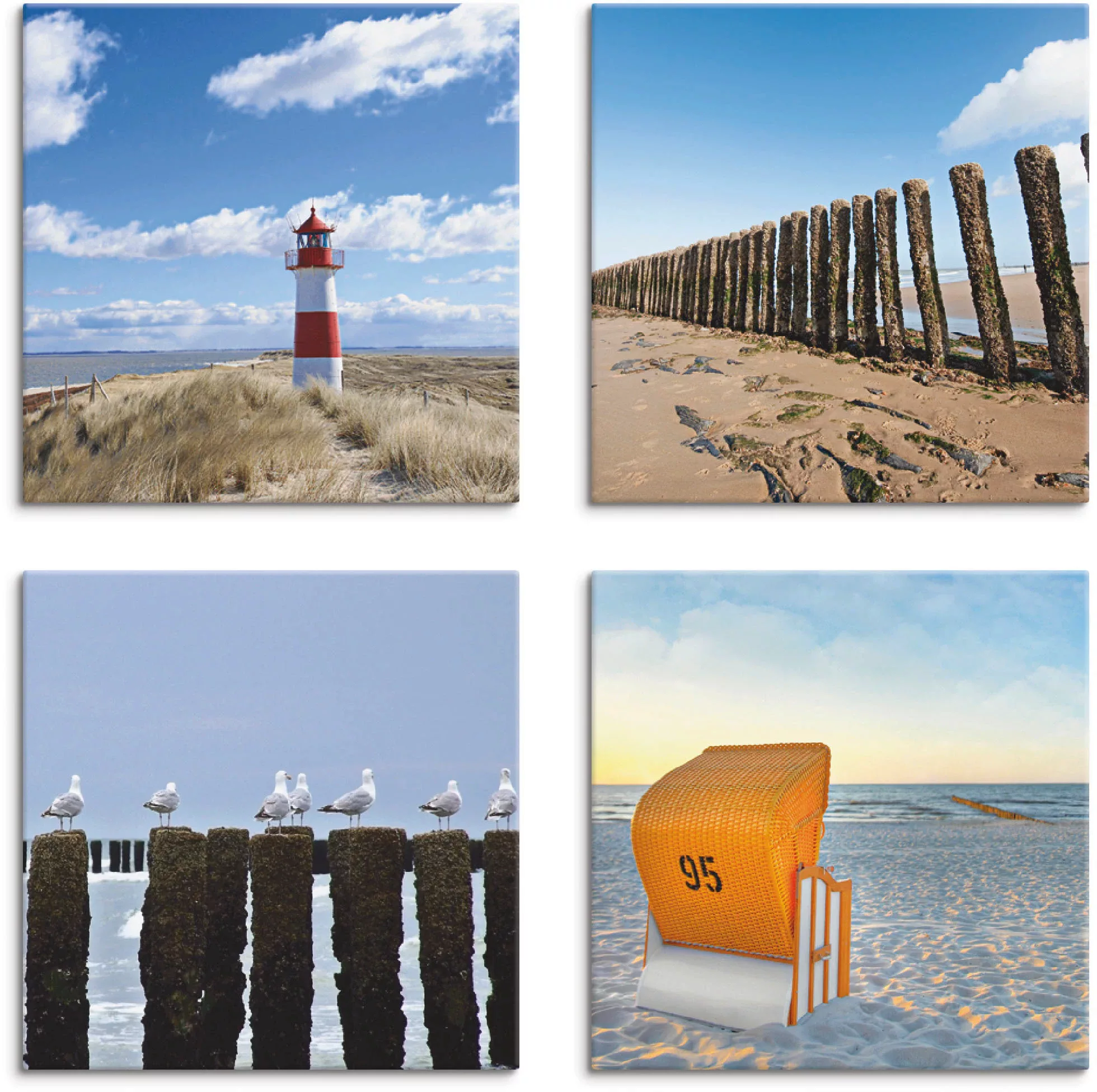 Artland Leinwandbild "Leuchtturm Sylt Strand Möven Strandkorb", Strand, (4 günstig online kaufen