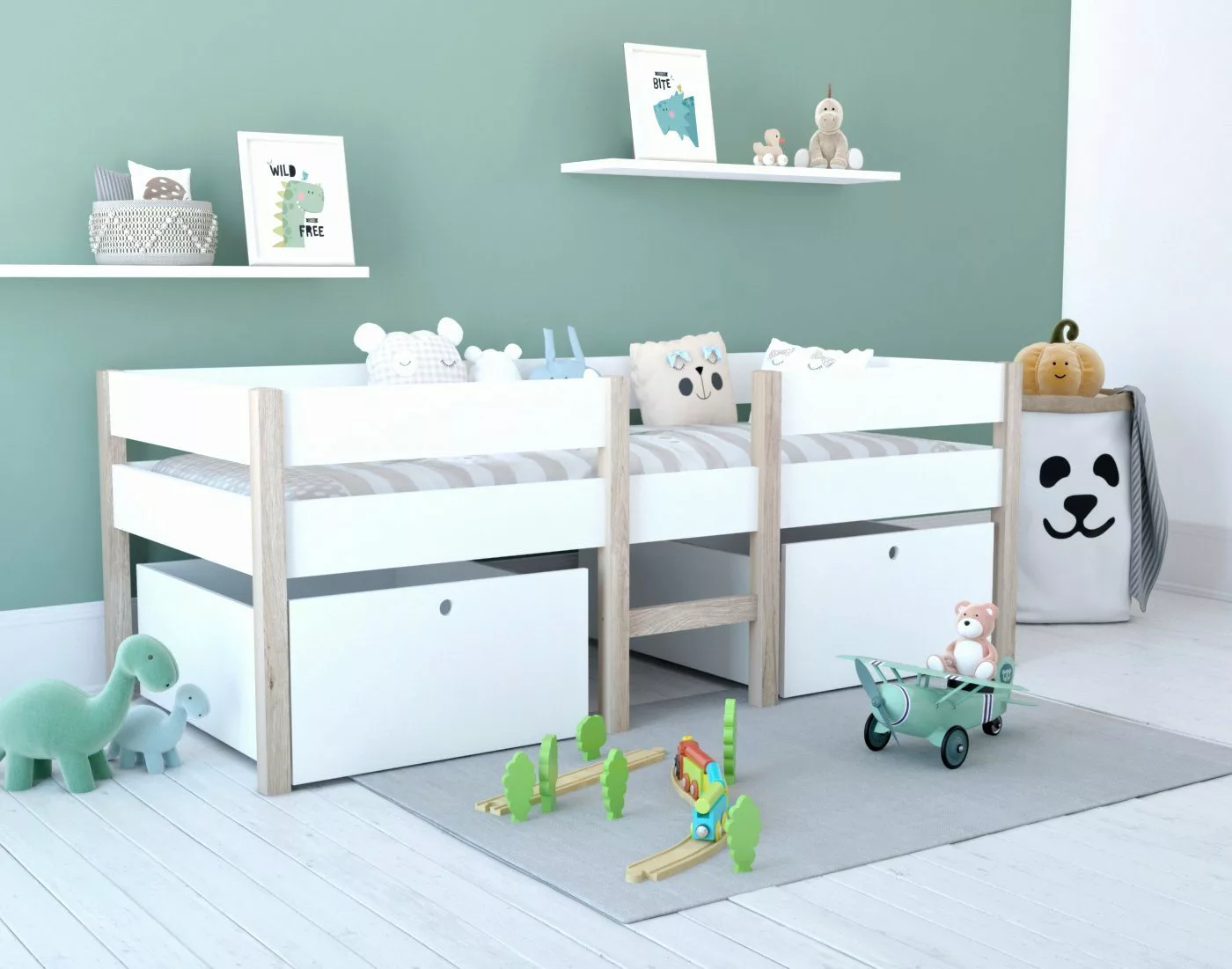 TPFLiving Hochbett Skyll - Kinderbett mit Rausfallschutz, Leiter und 2 Schu günstig online kaufen