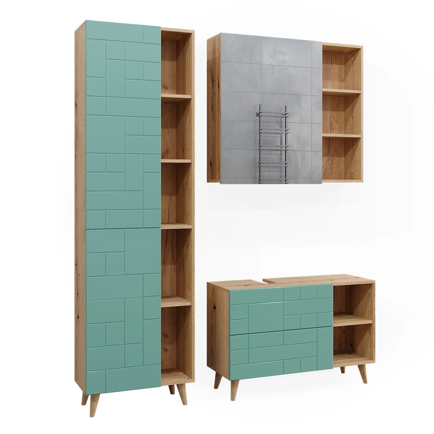 Vicco Badmöbel-Set Rudi Mintgrün/Eiche 3 Teile mit Hochschrank günstig online kaufen