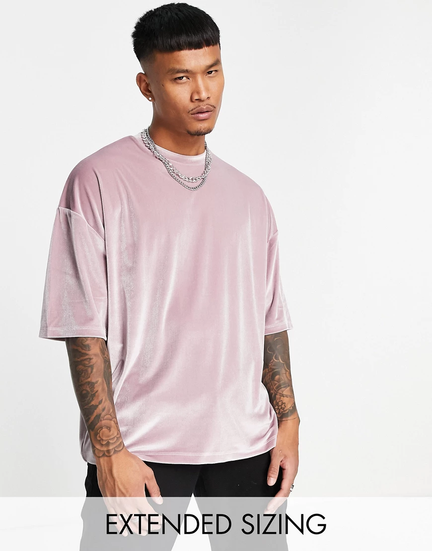 ASOS DESIGN – Oversize-T-Shirt aus rosa Velours-Rot günstig online kaufen