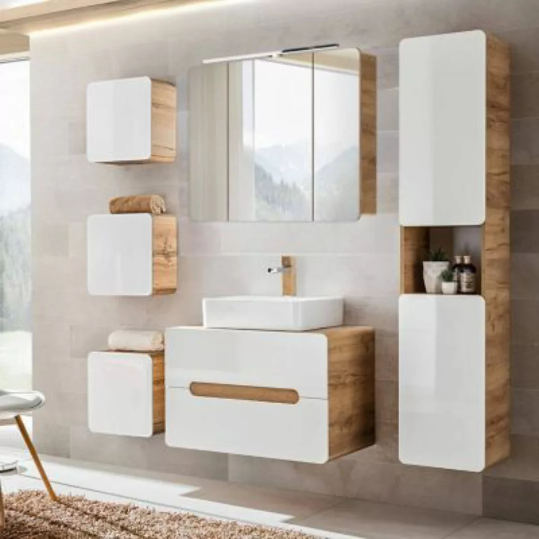 Lomadox Badezimmer Komplett Set 6-tlg in Hochglanz weiß mit Wotaneiche LUTO günstig online kaufen
