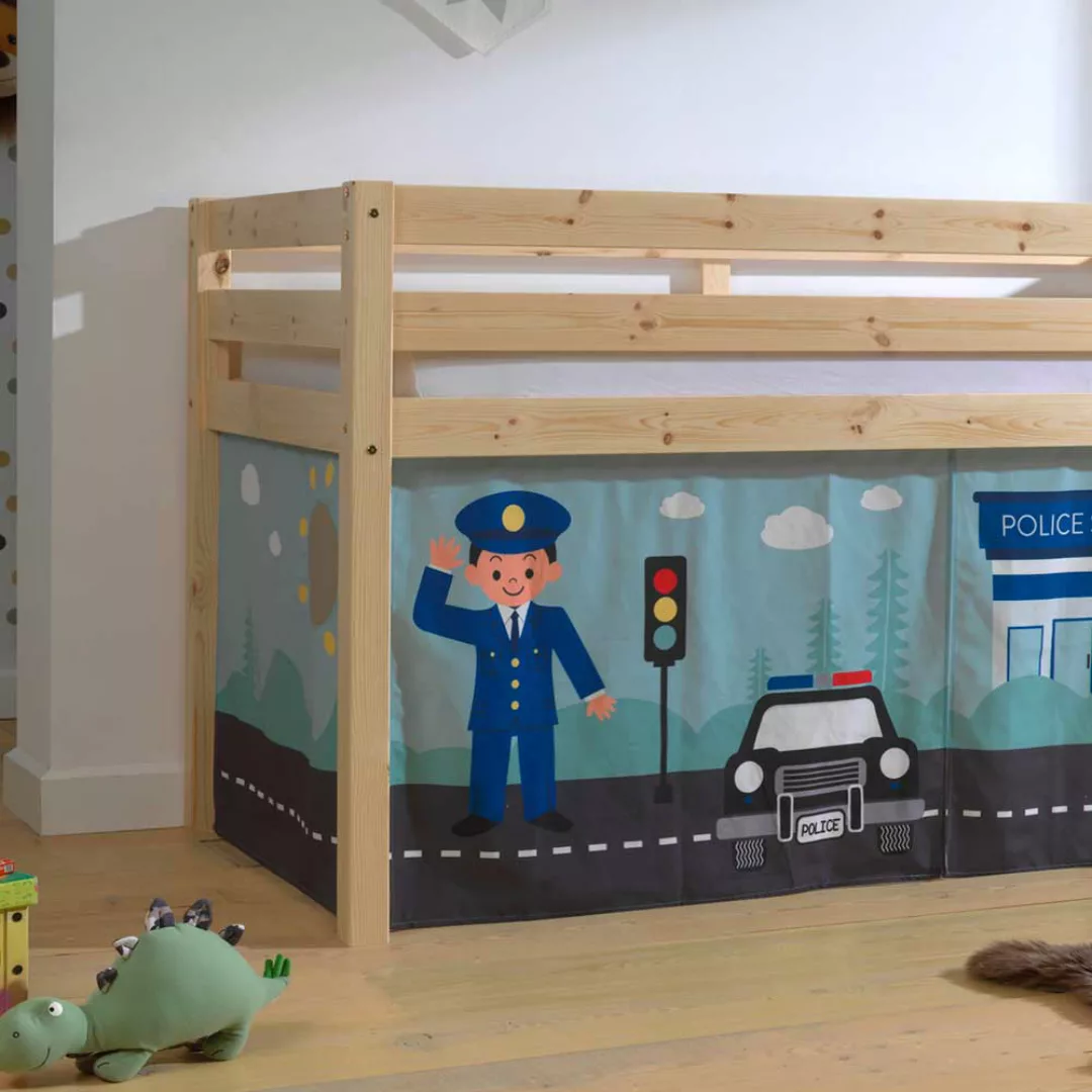 Hochbett Kind aus Kiefer Massivholz lackiert Vorhang Set Polizei Motiv günstig online kaufen
