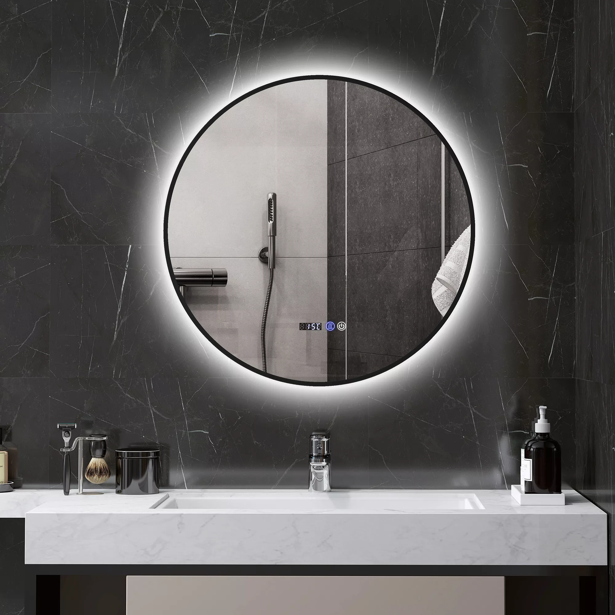 HOMCOM LED-Badezimmerspiegel Ø 70 cm, runder LED-Wandspiegel, stufenlos ein günstig online kaufen
