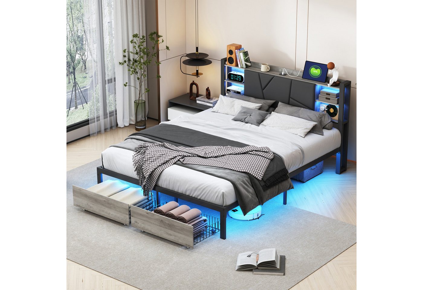 PXloue Metallbett Polsterbett Doppelbett Holzbett, mit LED-Beleuchtung und günstig online kaufen