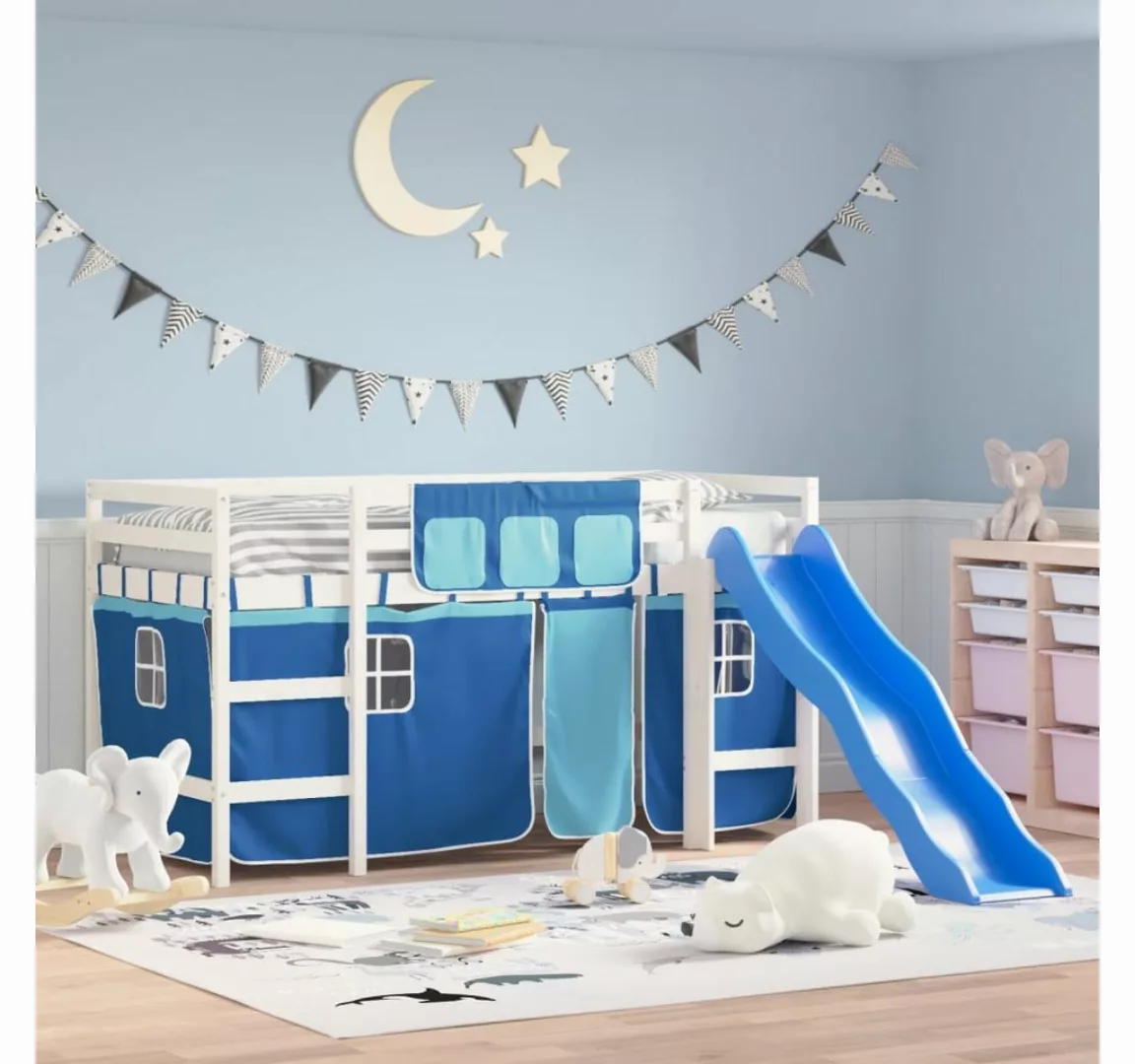 vidaXL Kinderbett Kinderhochbett mit Vorhängen Blau 80x200 cm Massivholz Ki günstig online kaufen