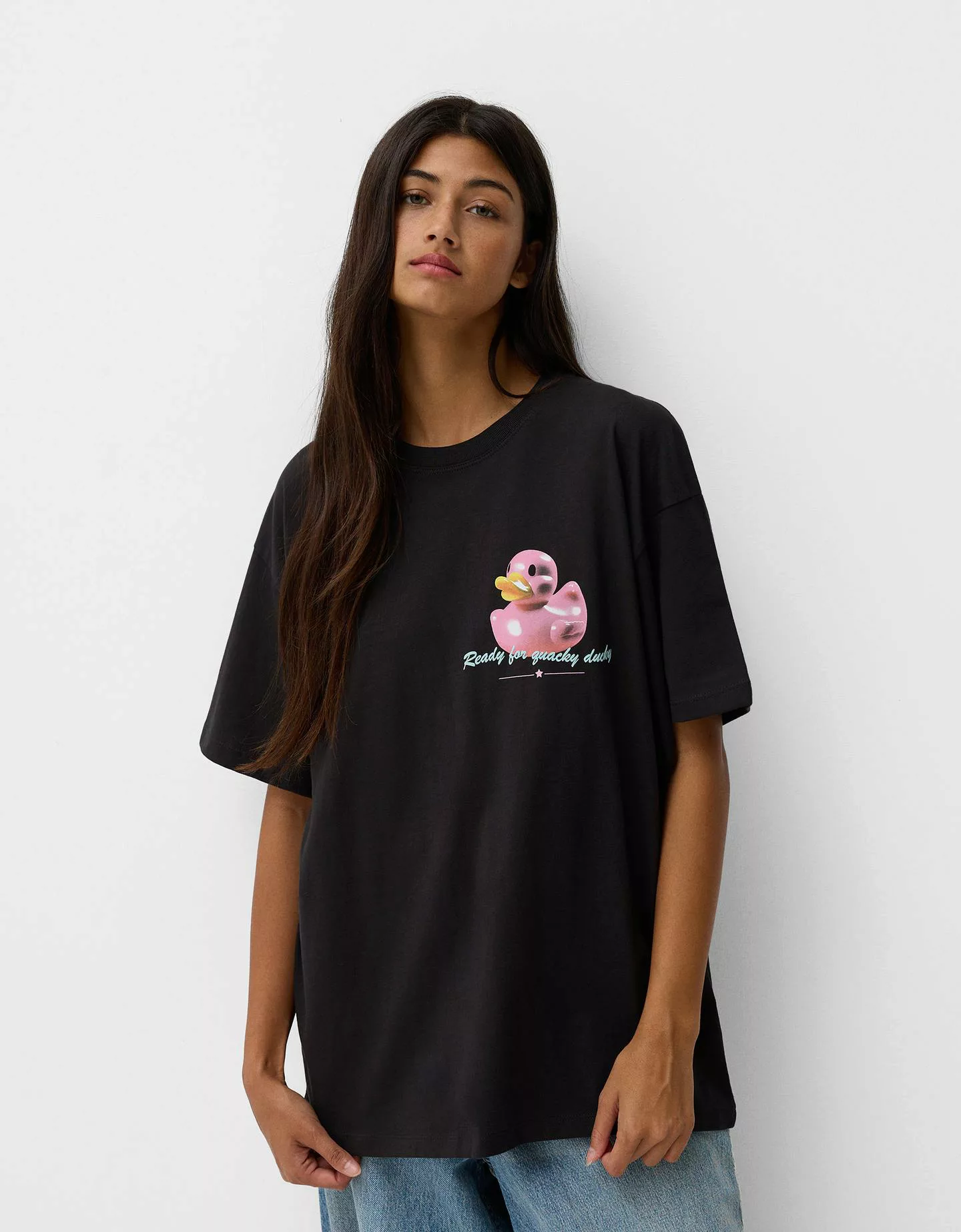 Bershka T-Shirt Mit Print Damen M Dunkelgrau günstig online kaufen