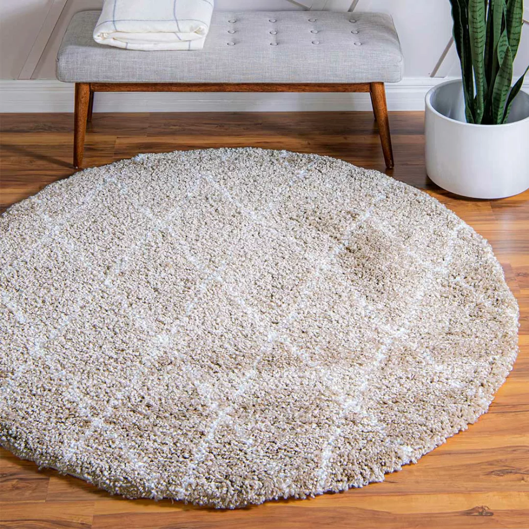 Hochflor Teppich Hellbraun 150 cm im Skandi Design geometrischem Muster günstig online kaufen