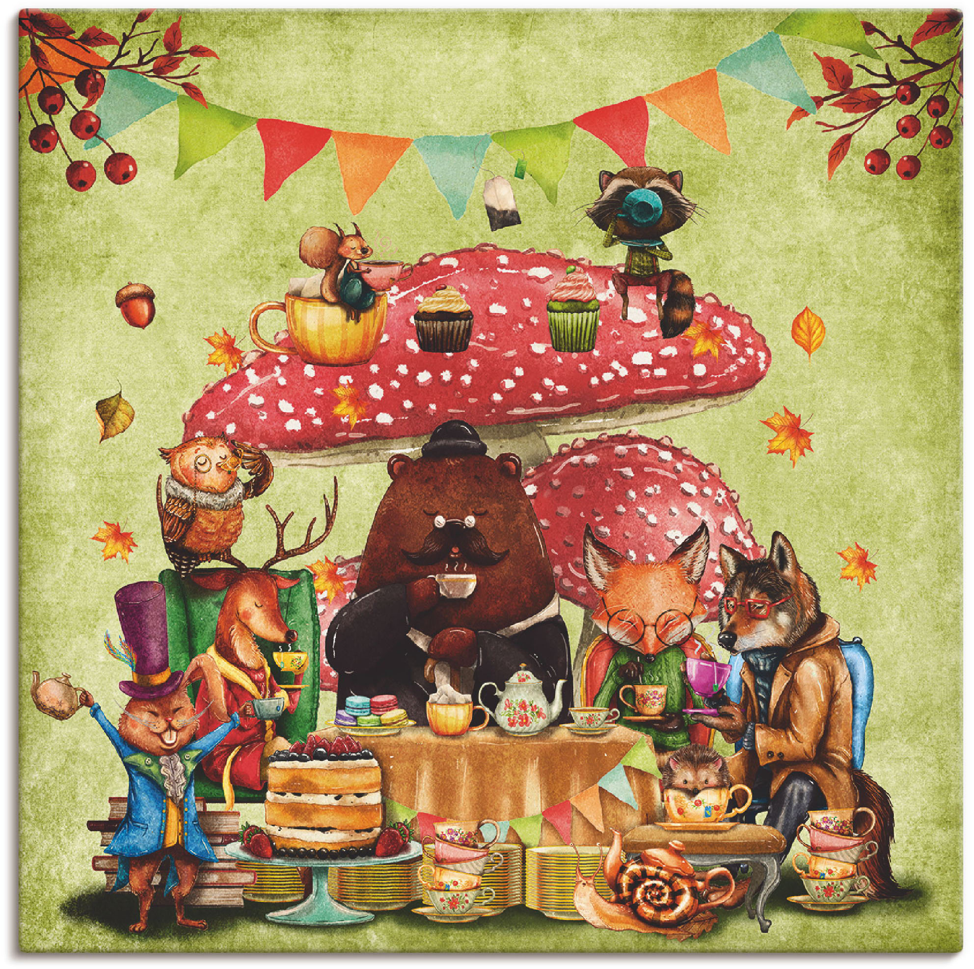 Artland Leinwandbild "Wald Freunde Fliegenpilz Teetrinken", Animal Fantasy, günstig online kaufen