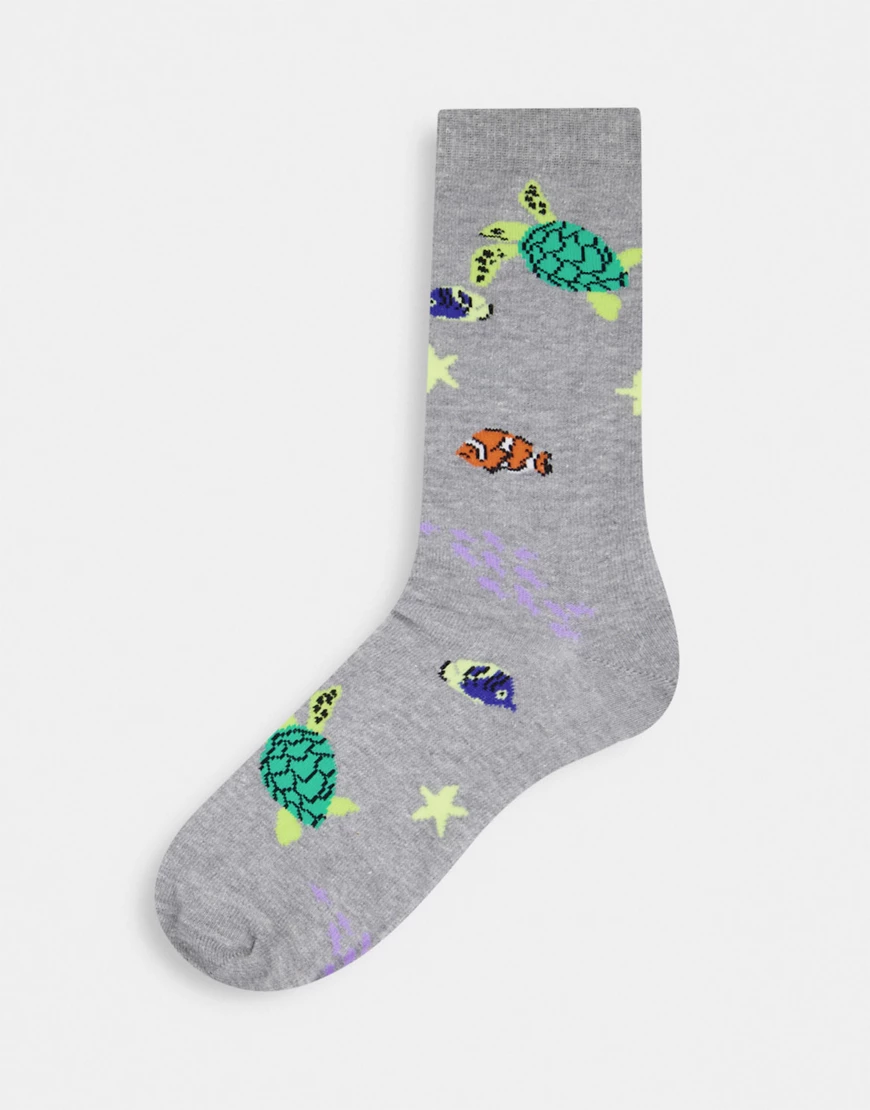 ASOS DESIGN – Knöchelsocken in Grau mit Schildkröten-Design-Mehrfarbig günstig online kaufen