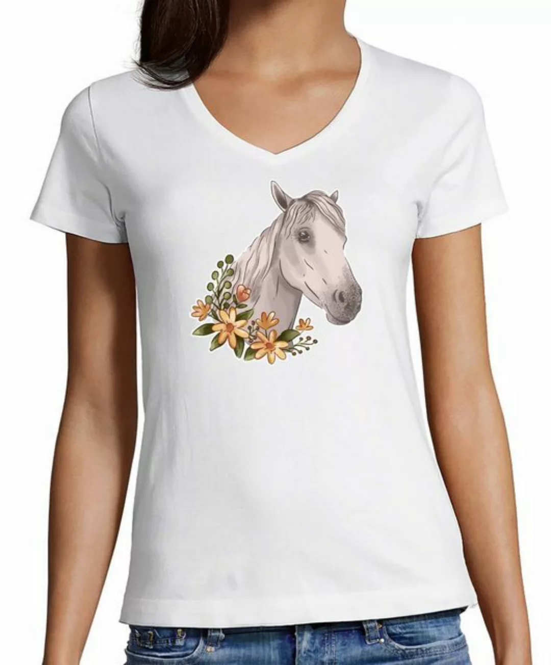 MyDesign24 T-Shirt Damen Pferde Print Shirt - Weißes Pferd mit Blumenkranz günstig online kaufen