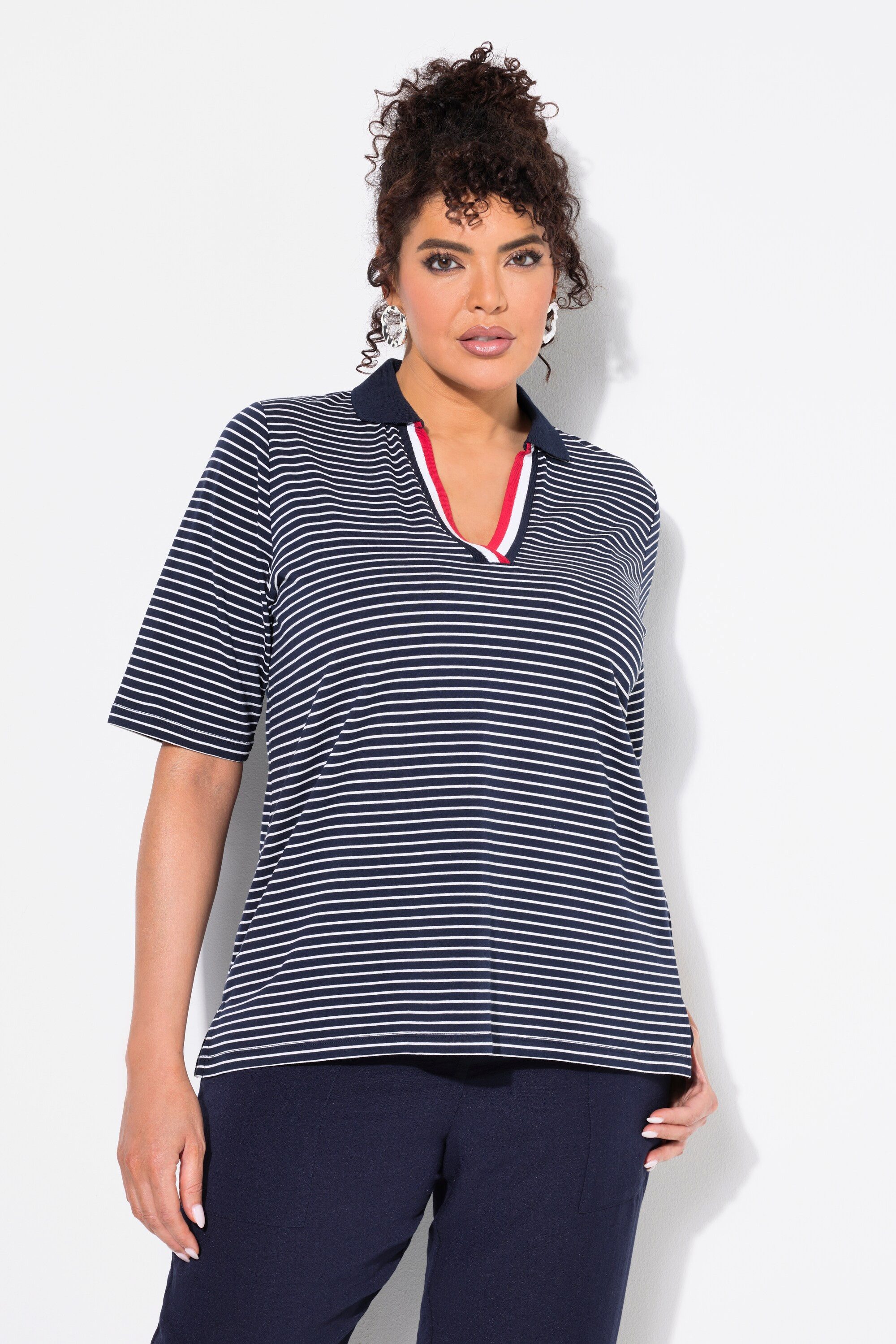 Ulla Popken T-Shirt Ringelshirt Polokragen V-Ausschnitt günstig online kaufen