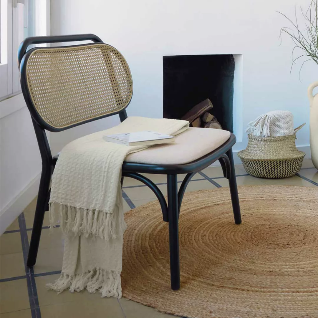 Bistro Stil Sessel in Schwarz und Beige Ulme Massivholz und Rattan günstig online kaufen