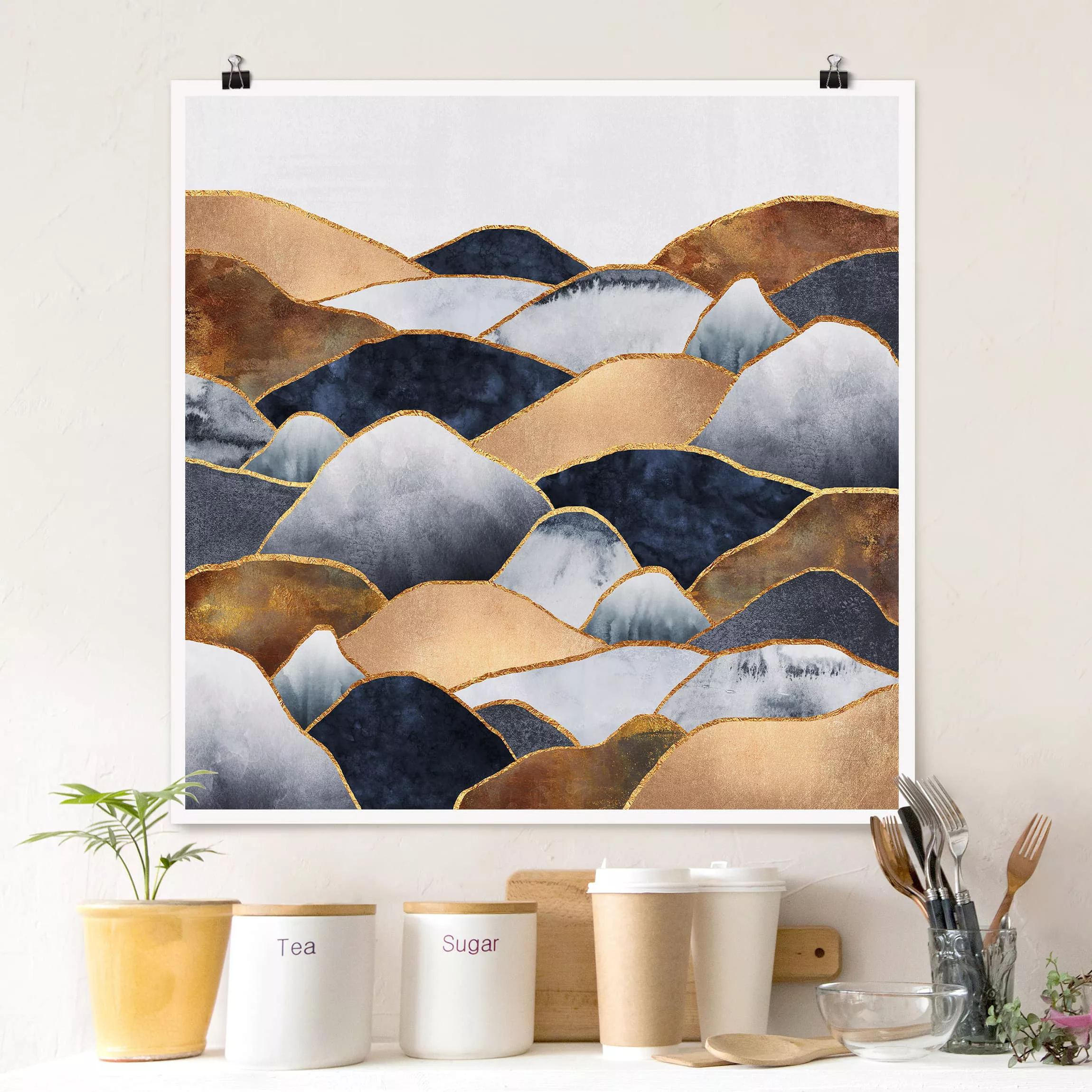 Poster Abstrakt - Quadrat Goldene Berge Aquarell günstig online kaufen