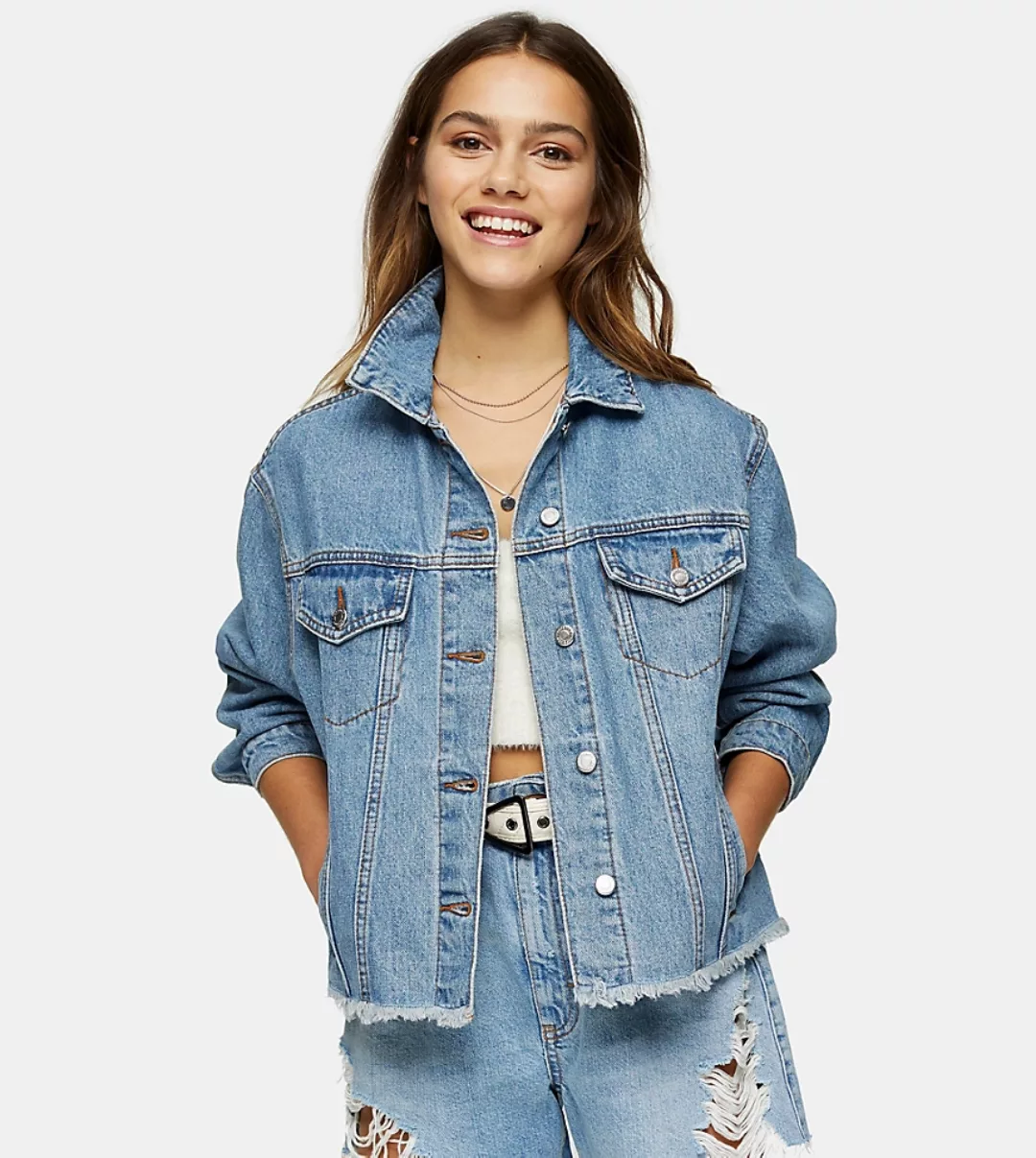 Topshop Petite – Oversize-Jeansjacke in verwaschenem Mittelblau-Mehrfarbig günstig online kaufen