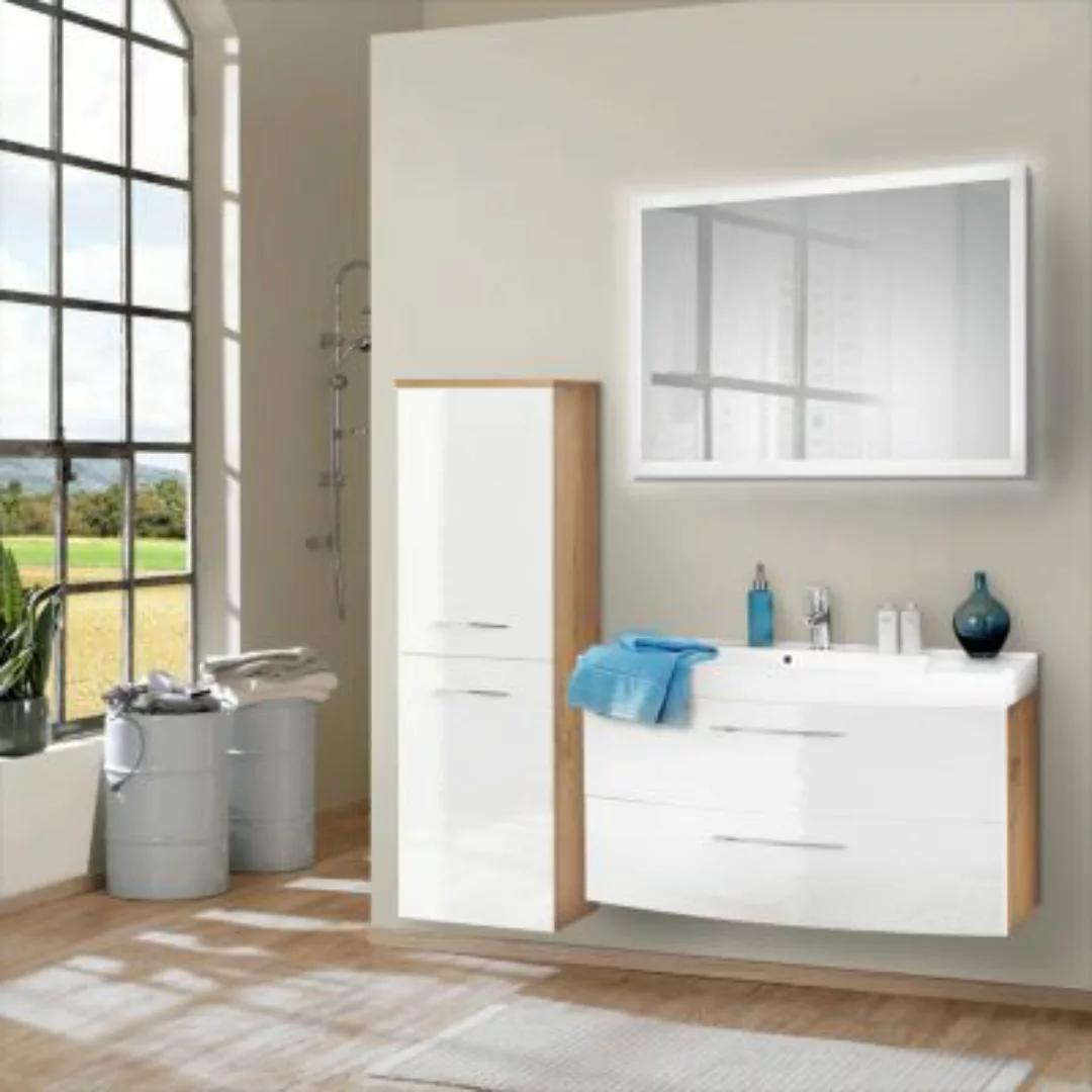 Lomadox Badmöbel Set mit Waschtisch in 100cm FLORIDO-03-OAK in weiß Hochgla günstig online kaufen
