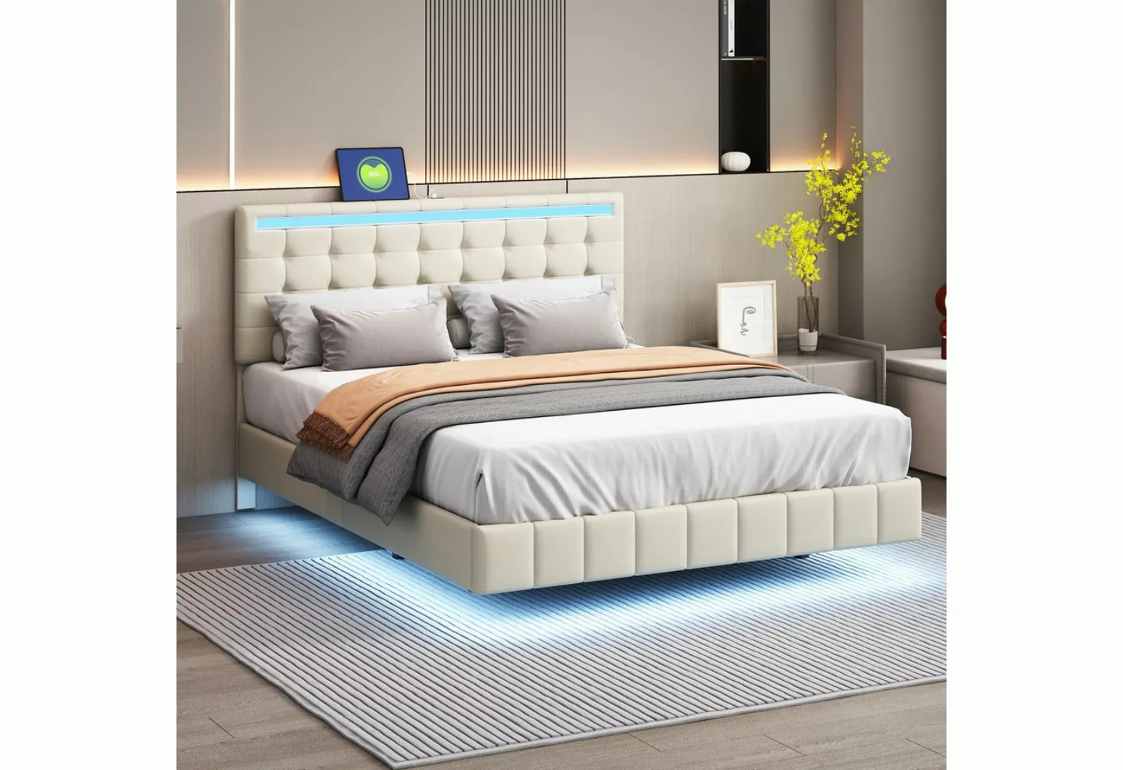 Rutaqian Daybett Polsterbett 140 x 200 cm mit gepolstertem Bettrahmen, LED- günstig online kaufen