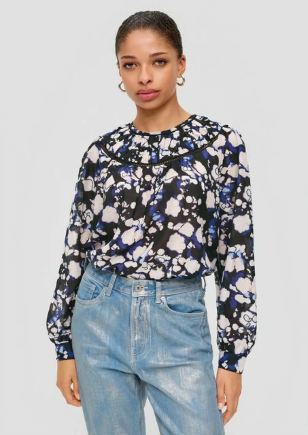 QS Langarmbluse Bluse mit Allover-Muster Raffung günstig online kaufen