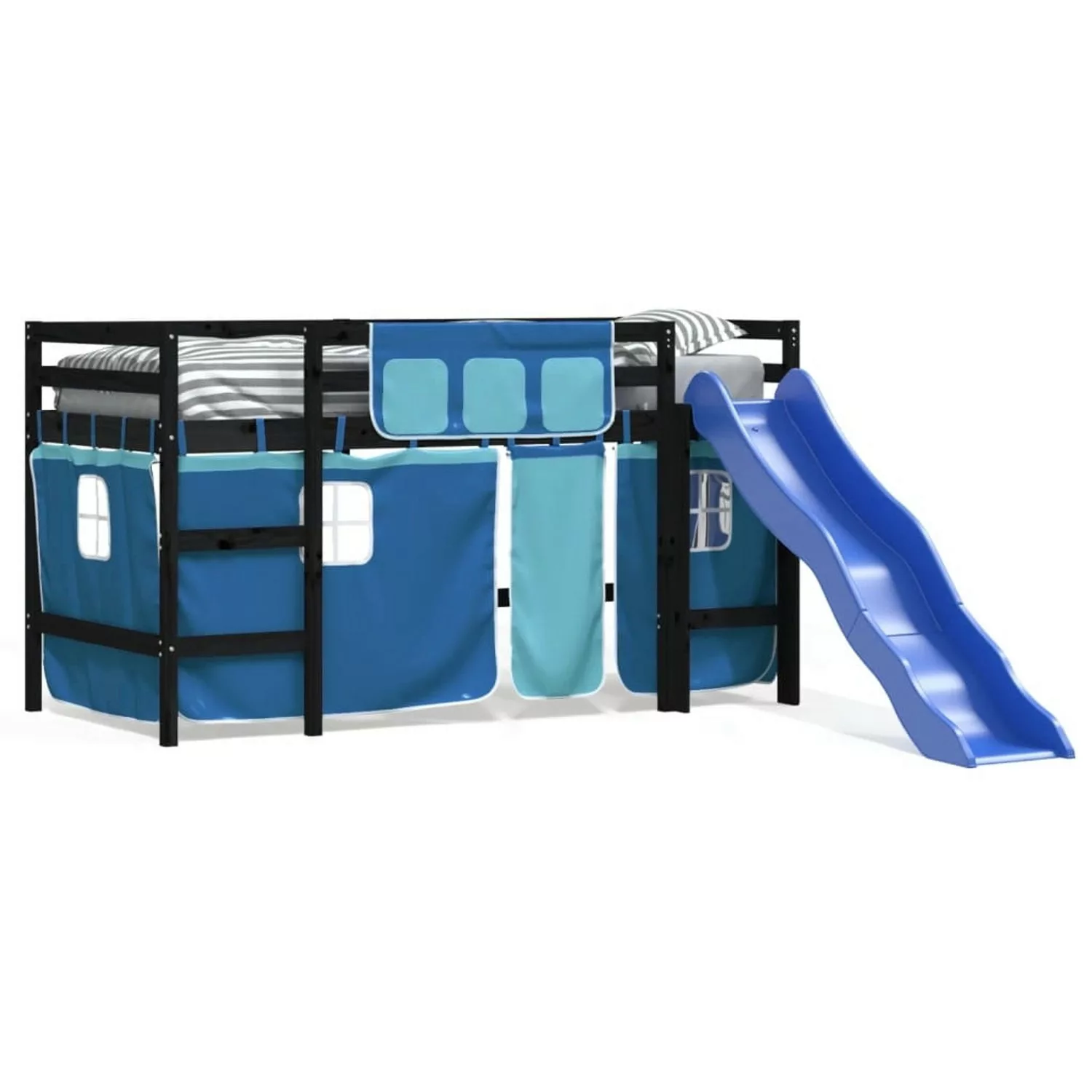 vidaXL Kinderbett Kinderhochbett mit Vorhängen Blau 80x200 cm Massivholz Ki günstig online kaufen