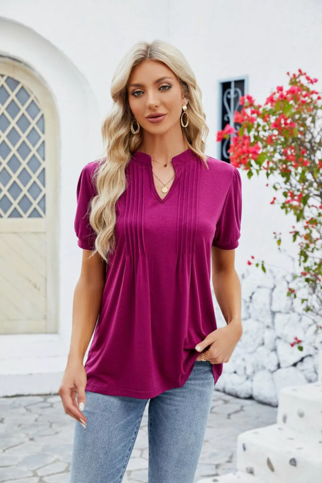 BlauWave Kurzarmshirt Damen Sommer V-Ausschnitt Kurzarm T-Shirt (1-tlg., Ba günstig online kaufen