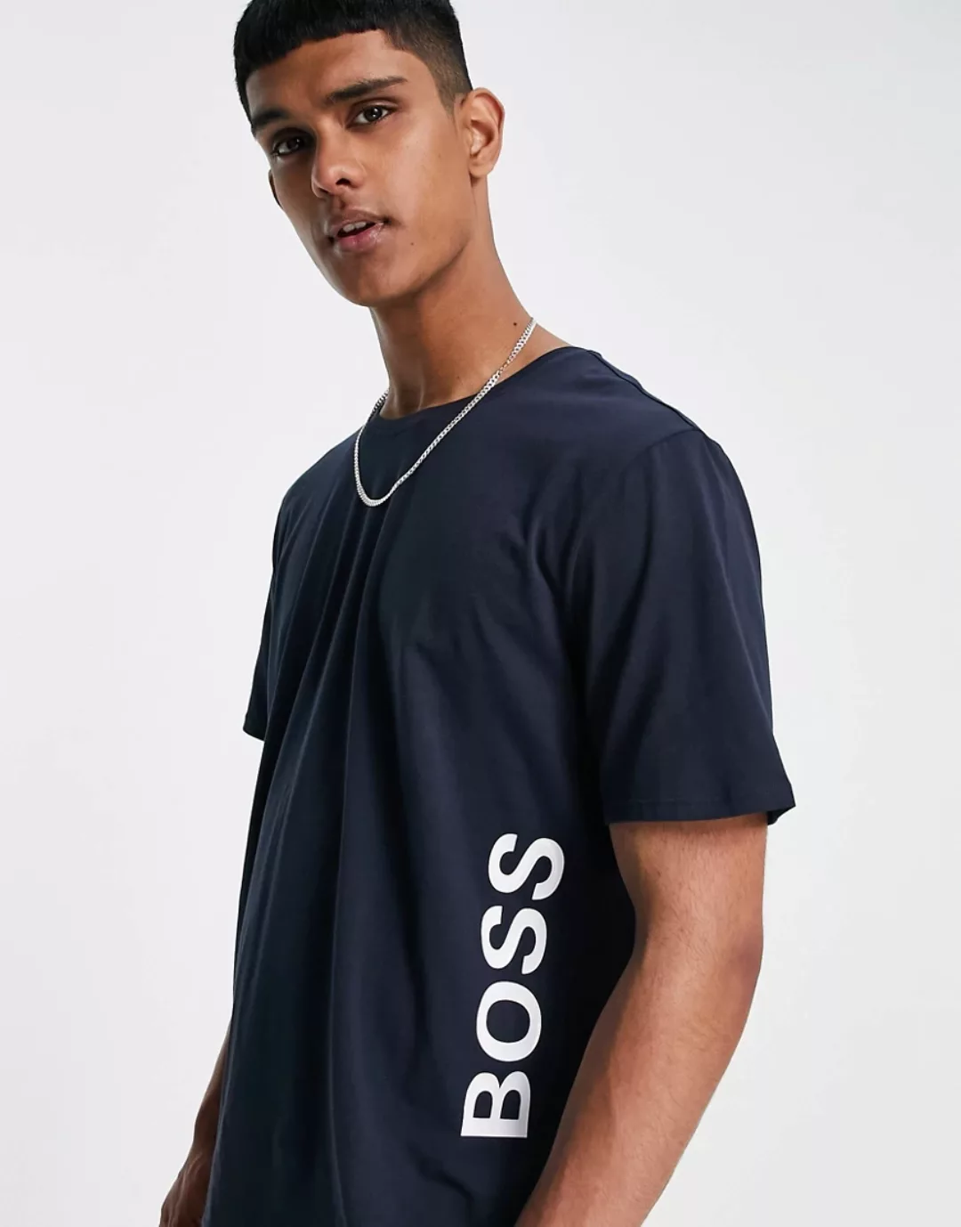 BOSS – Bodywear Identity – T-Shirt in Marineblau mit senkrechtem, kontrasti günstig online kaufen