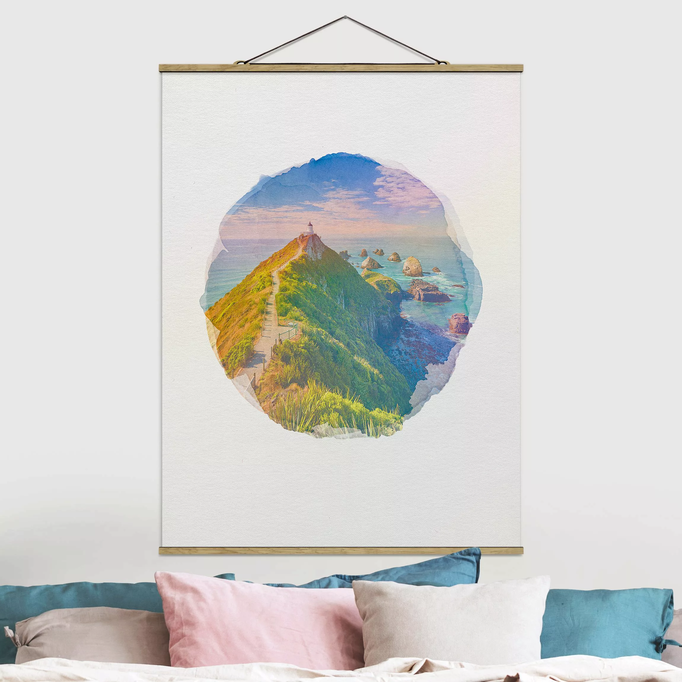 Stoffbild Strand mit Posterleisten - Hochformat Wasserfarben - Nugget Point günstig online kaufen