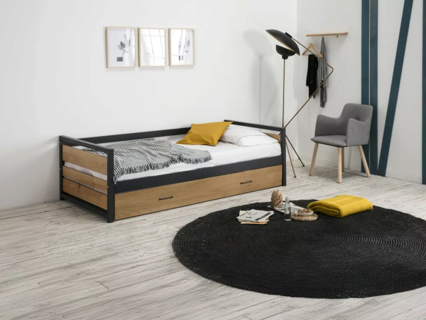 Ausziehbett + Matratzen - 2 x 90 x 190 cm - MDF, Kiefernholz & Metall - Nus günstig online kaufen